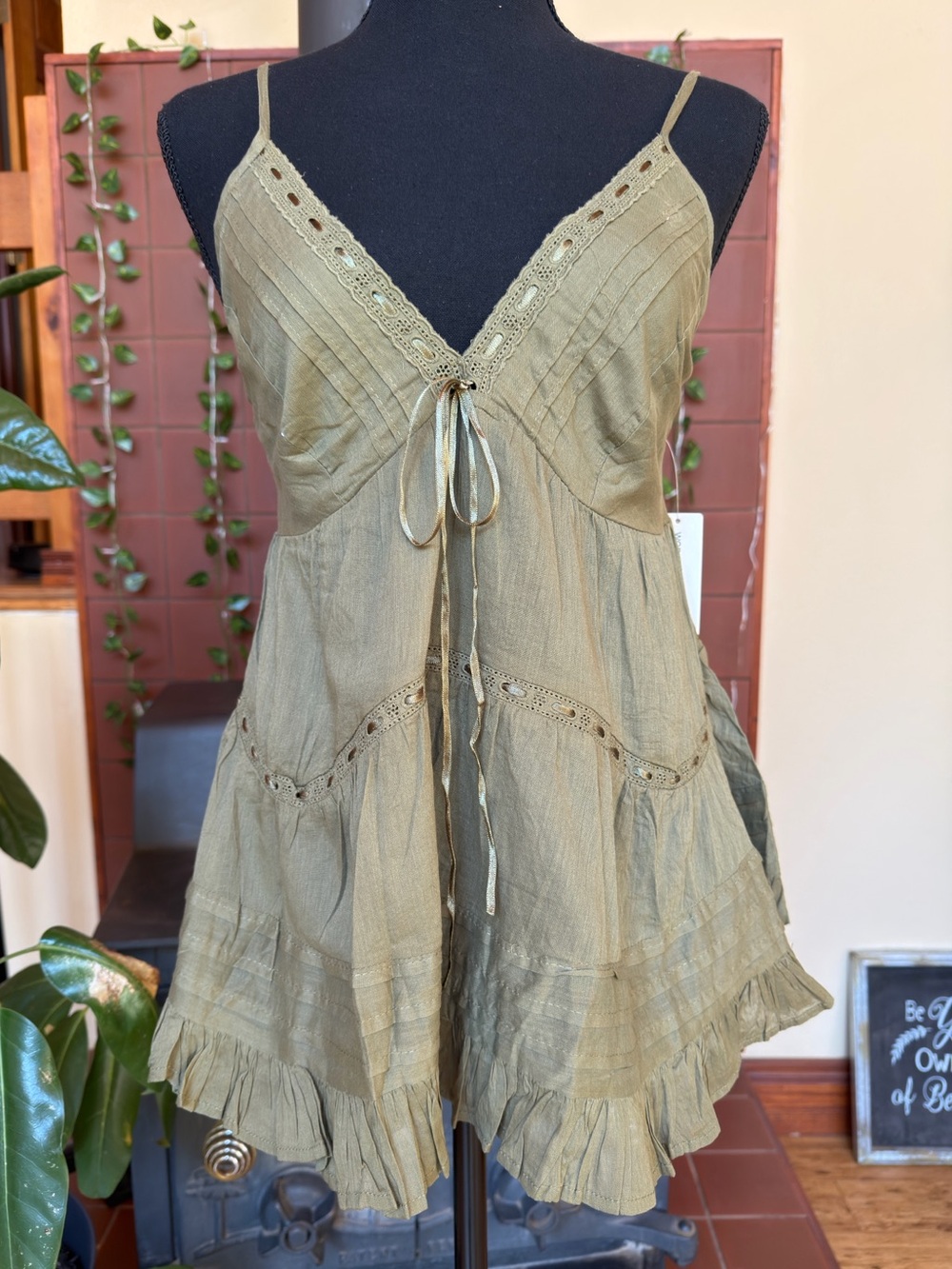#354- Boho Babydoll Olive Green Lace-Trim Spaghetti Strap Cami